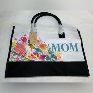 Canvas Tote By Heartfelt. Colorful Flower Print With Bold Print “ MOM “  NWT